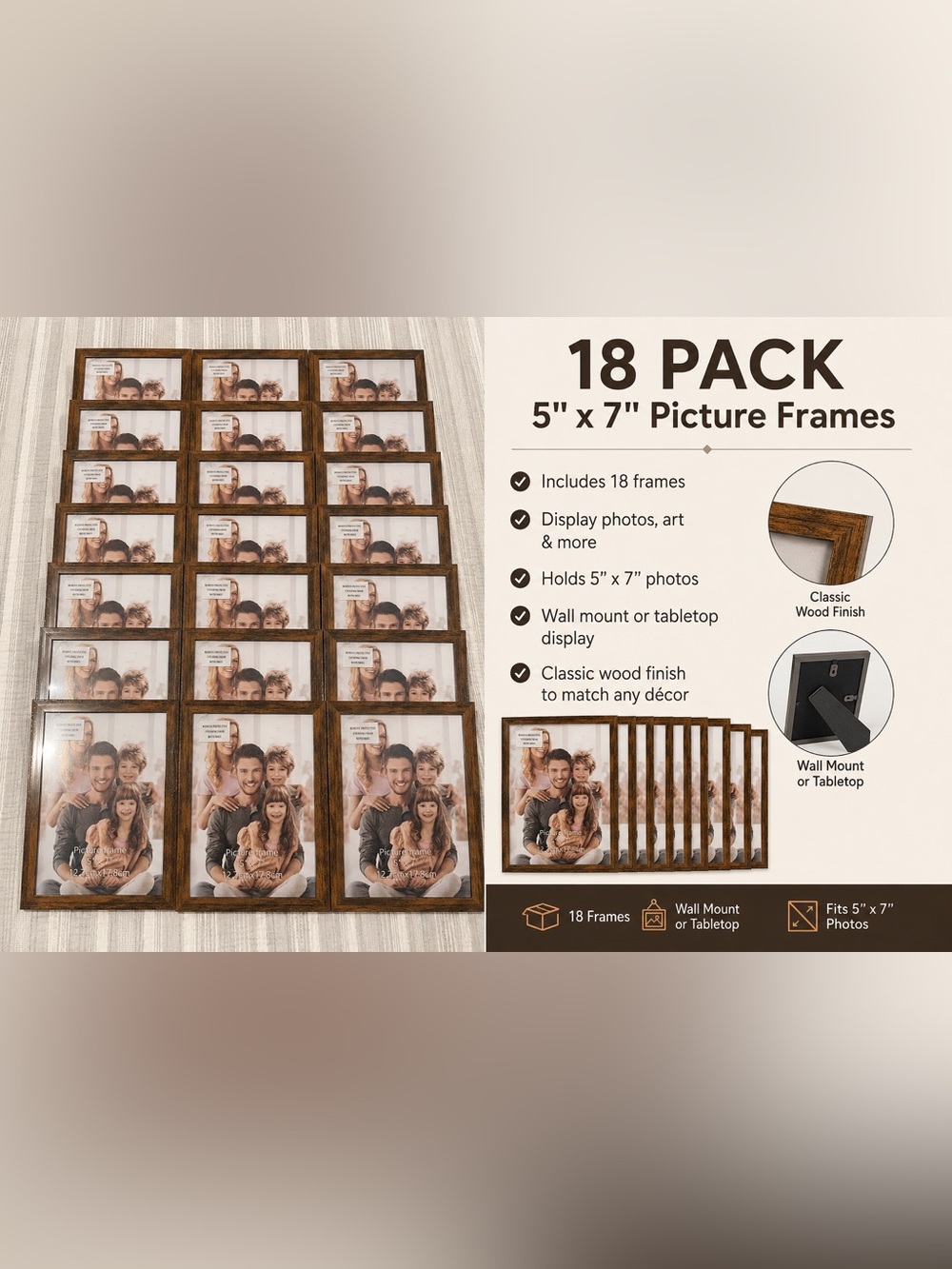 18 Pack 5x7 Rustic Wood Picture Frames | Wall Mount or Tabletop Display